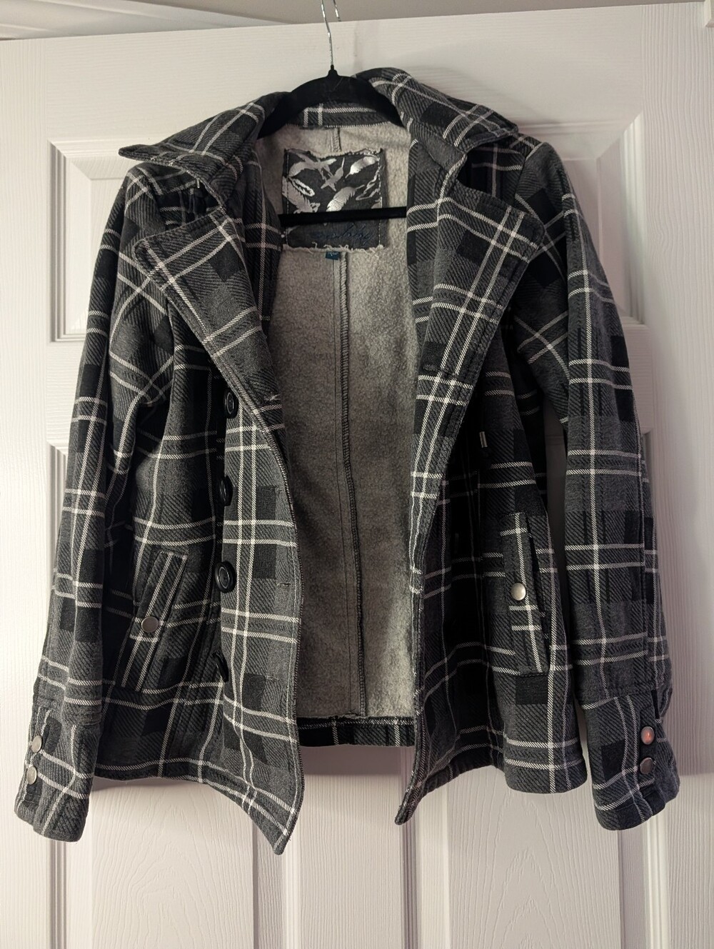 B by Burton Women’s Large Gray Black Plaid Fleece Lined Jacket Y2K Grunge
